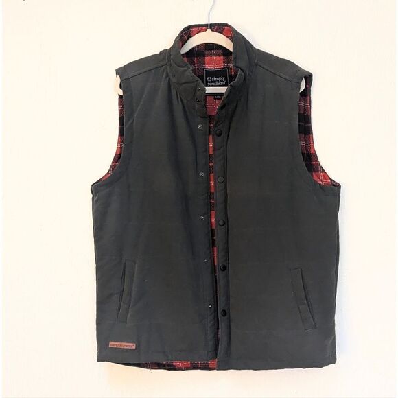 Simply Southern Men's XL Gray Red Plaid Quilted Snap Front Vest w/Pockets - Picture 1 of 6